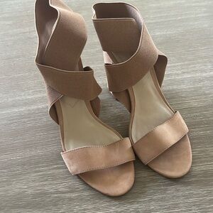 Ladies’ ALDO Beige Nubuck Hi Heeled SANDALS - Size 5 (Pre-Owned)